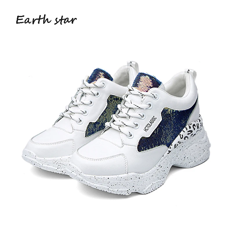 

White Shoes Women Fashion Brand Platform Glitter Sneaker zapatos de mujer Spring New Female Patchwork footware Sequin Cross-tied