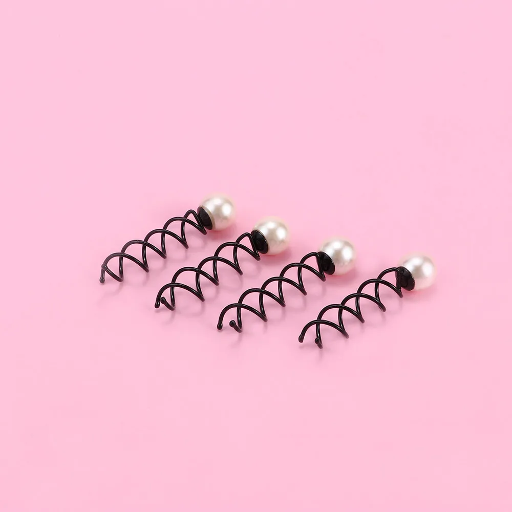 4pcs/Bag Girls Big Simulated Pearl Spiral Spin Metal Hair Pins Clips