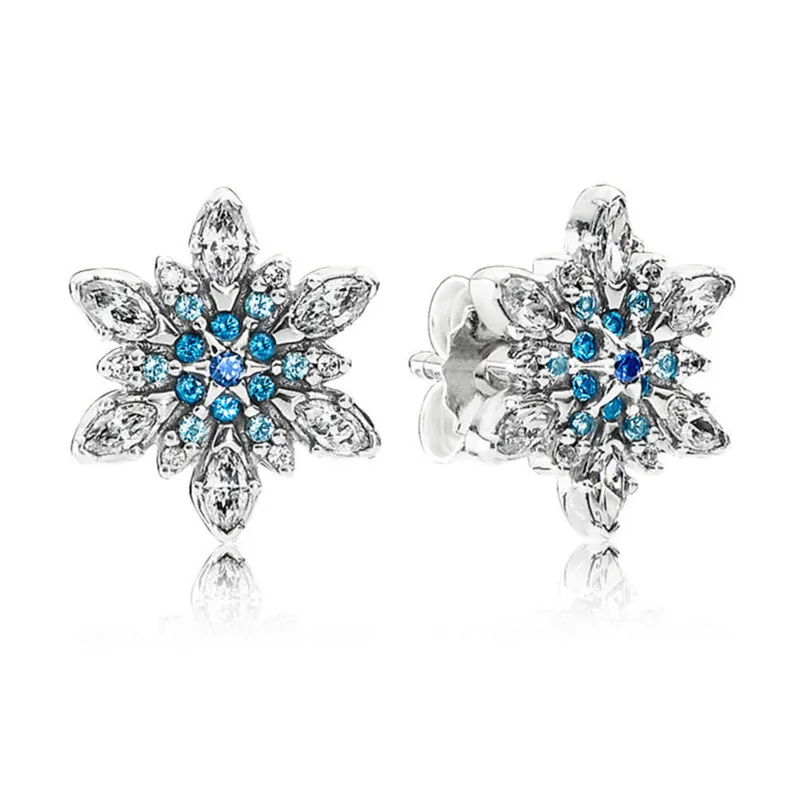 

Fashion 925 Sterling Silver Pans Earrings For Women Blue Crystallised Snowflake Stud Earrings Original Europe Jewelry Gift