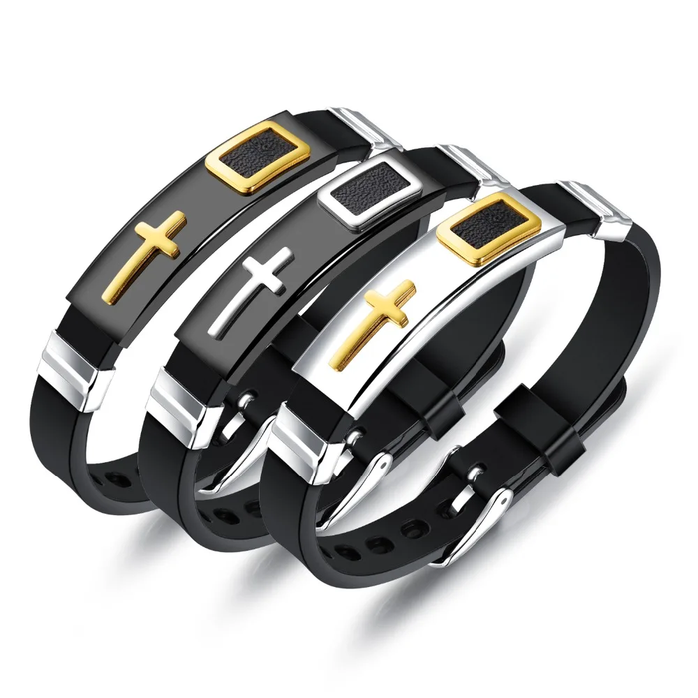 Fashion Punk Cross Silicone Bracelet For Men Stainless Steel Black/ Gold Color Male Jewelry Adjustable Wristbands | Украшения и