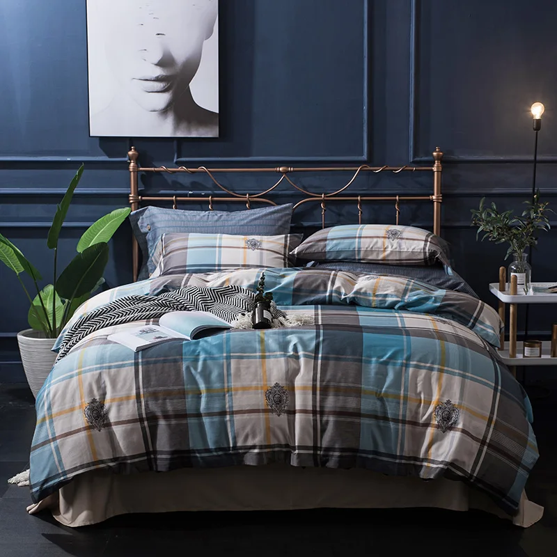 Home Garden Brown Striped Bedding Blue Brown Duvet Cover Set