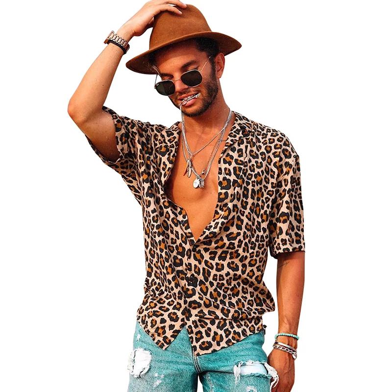 

Men's Fashion Leopard Print Short-sleeved Shirt Men's Casual Shirt Turn-down Collar Shirt Leopard Print Fashion Male's Top D40