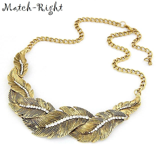 

Match-Right Vintage Metal Leaves Statement Necklace Women Rhinestone Necklaces & Pendants Jewelry Colar For Gift Party