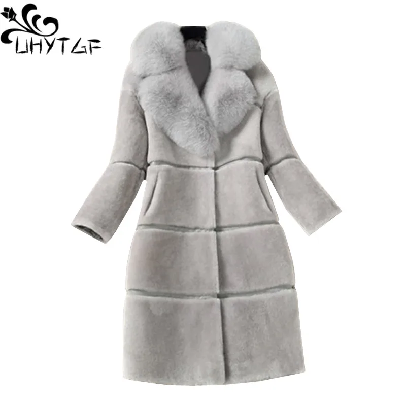 

UHYTGF Autumn Winter Women's Faux Fur Coat High quality New Fox fur collar Jacket Ladies Long Loose Plus size Wool Fur Coats 708
