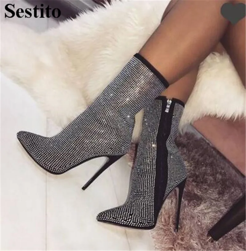 

New Silver White Pointed Toe Crystal Short Boots Mid-Calf Boots For Women Super High Thin Heels Zip Ladies Shoes Spring/ Autumn