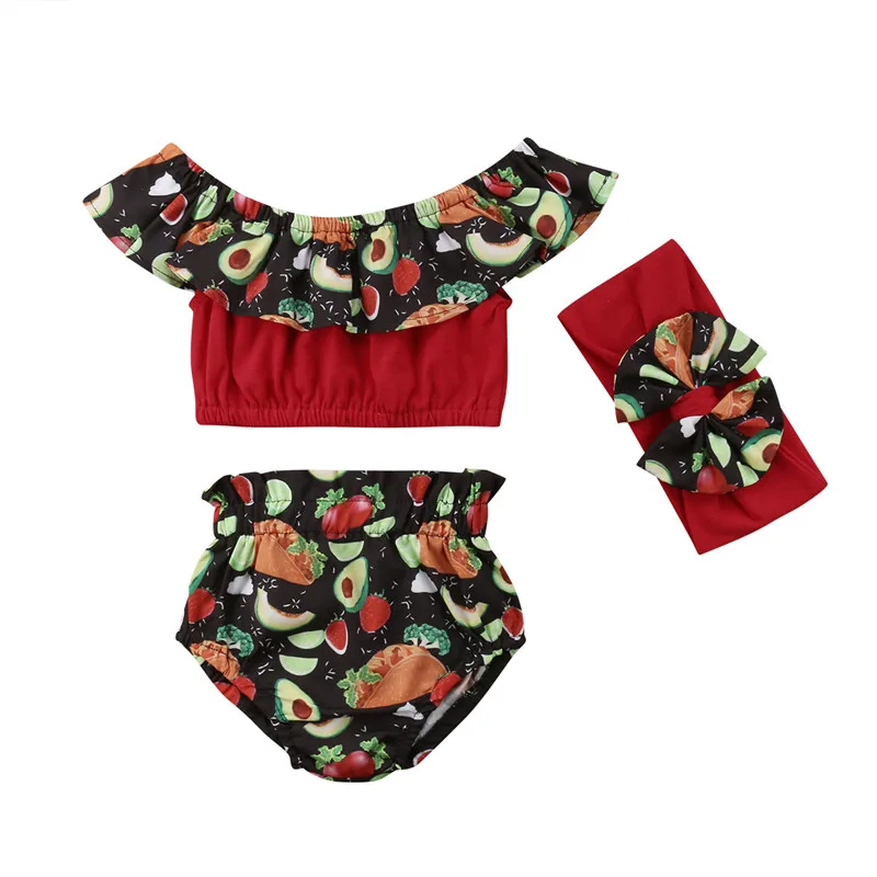 

3PCS Clothes Set Toddler Baby Kid Girls Summer Hawaiian style Floral Off Shoulder Crop Tops Shorts Headband Outfits Set