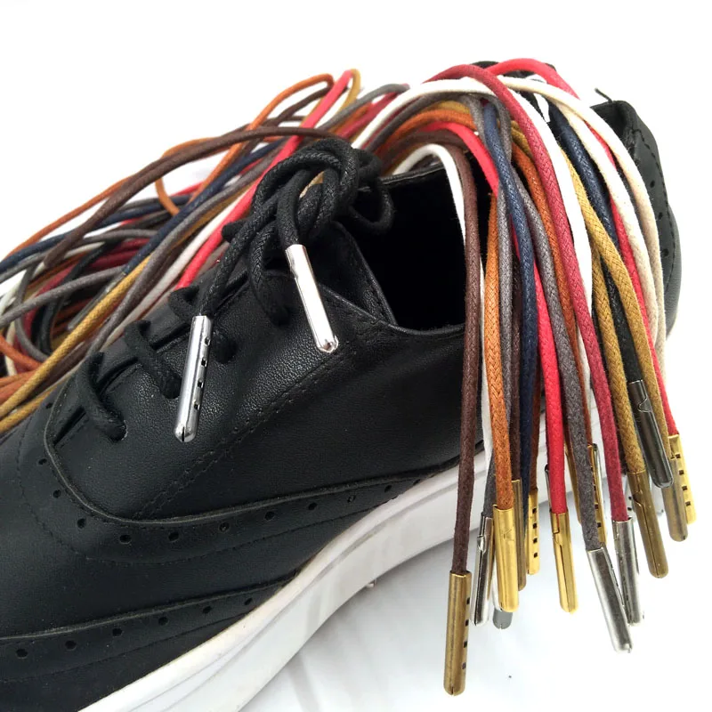 1-12 Pairs Brown Mens High Quality Unise Laces Waxed Round Shoelaces Sneaker Solid Polyester Twisted Shoes Metal Head Shoelaces