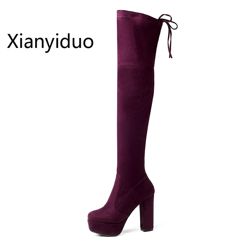 

2018Aut Platform shoes Women's Micro stretch shaft Thigh-high stretch suede boots Red wine high heel Over the Knee big size34-43