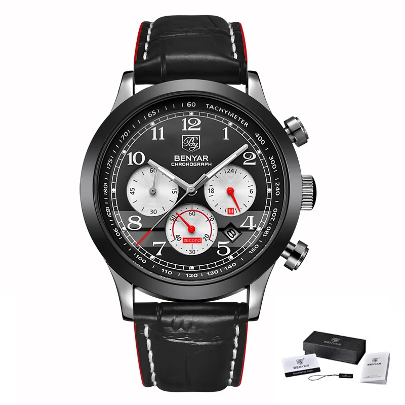Топ люксовый бренд BENYAR новые мужские уличные спортивные кварцевые часы для отдыха модные деловые водонепроницаемые часы Relogio Masculino - Цвет: Leather Black Red