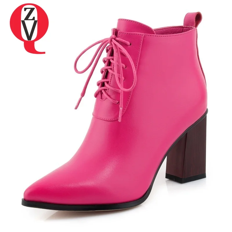 

ZVQ genuine leather winter plush ankle boots come ladies fashion big size women shoes high heel pointed toe ladies retro booties