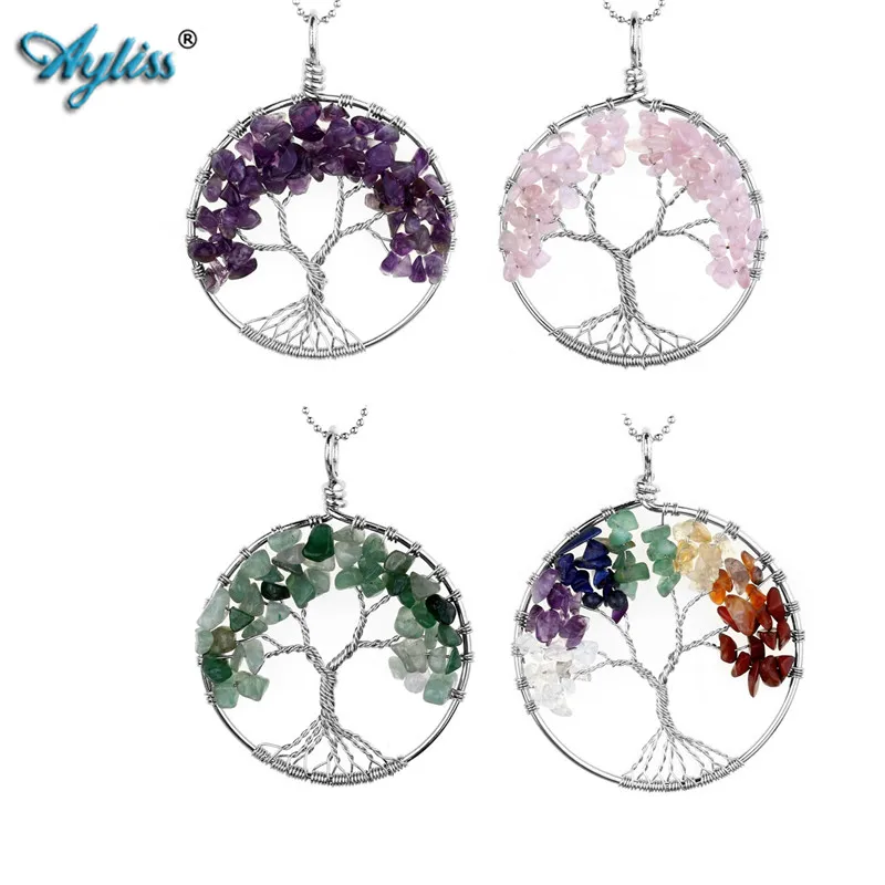 

Ayliss Handmade Wire Wrap Tree of Life Gems Chip Tree Pendant Craft for Necklace DIY Purple/Crystal/Olive/Green Aventurine 47mm