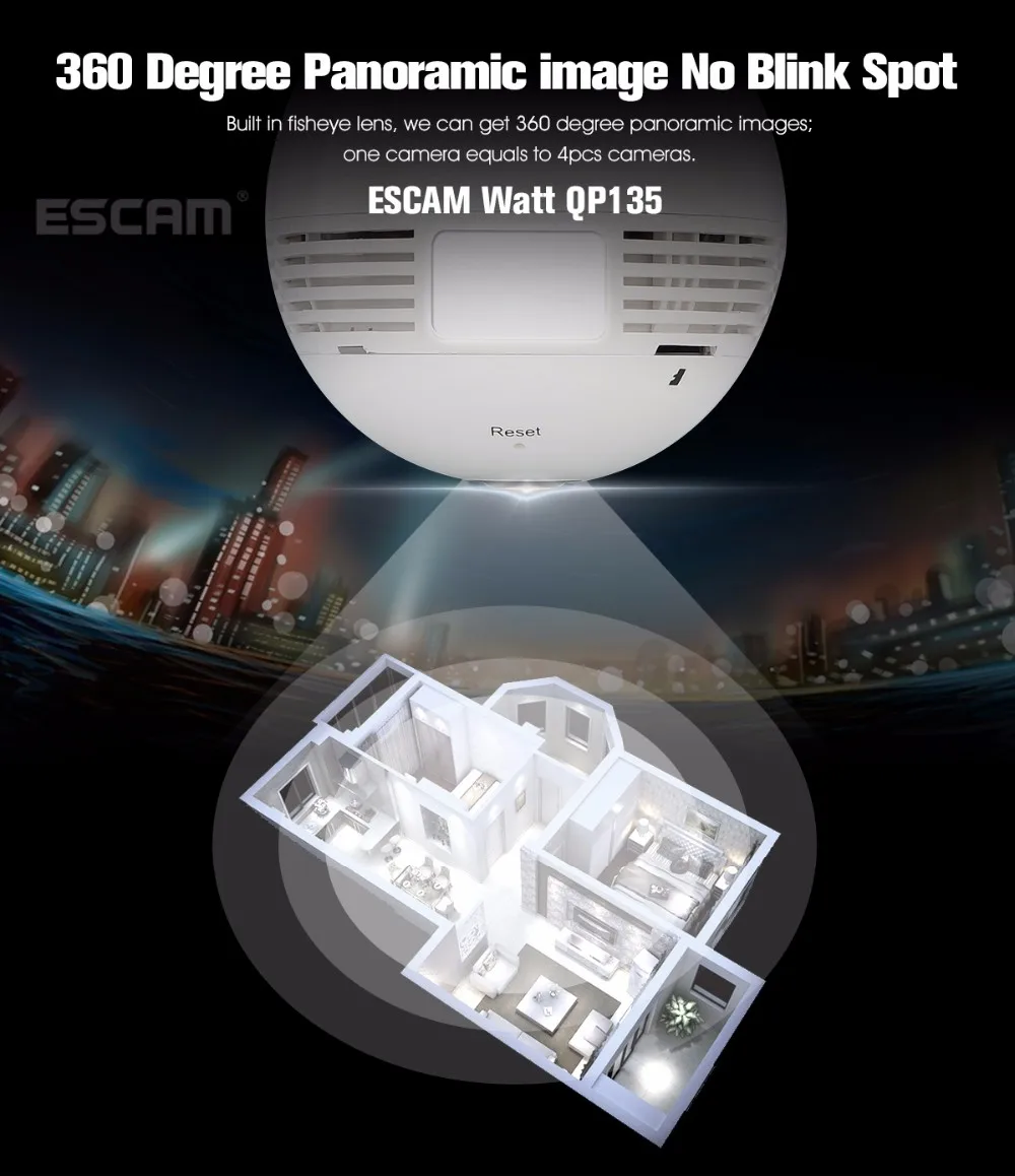 NEW ESCAM Watt QP135 Bulb Type Panoramic WIFI IP Camera H.264 1.3MP Two Way Audio Motion Detection Support 128G TF Card (12)