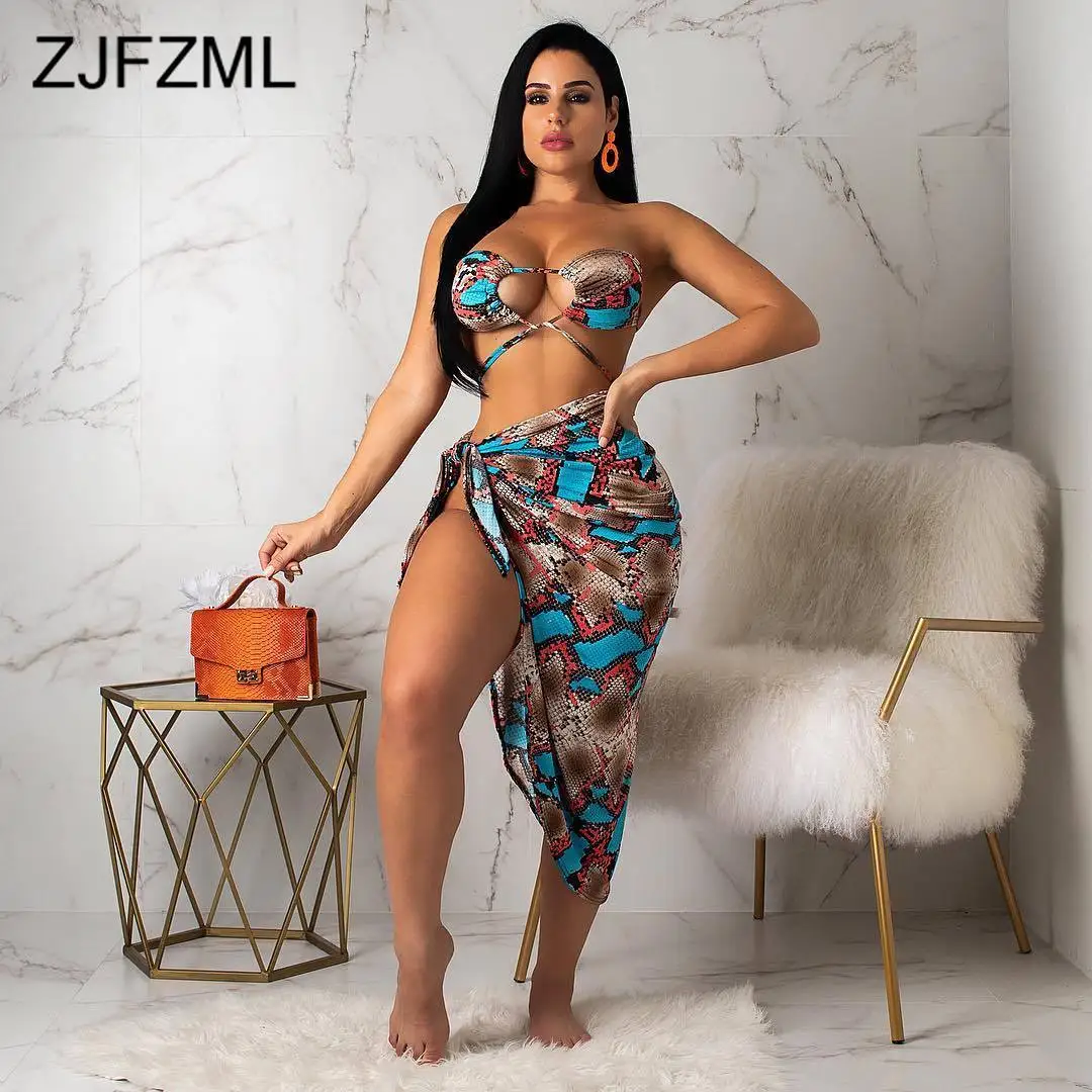 

Snake Print Three Piece Outfits Women Off Shoulder Crop Top And Panties And Bandage Skirts Summer Three Pcs Beach Matching Sets