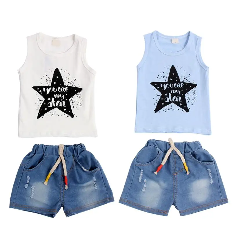 Baby Boys Clothes Set Children's Clothing Boy Short Jeans Pant Star Letter Printed Vest Kids Clothing White Blue