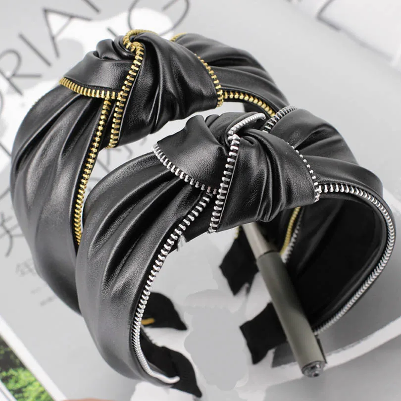 Black Leather Headbands For Women Twisted Knotted Fashion Hairband