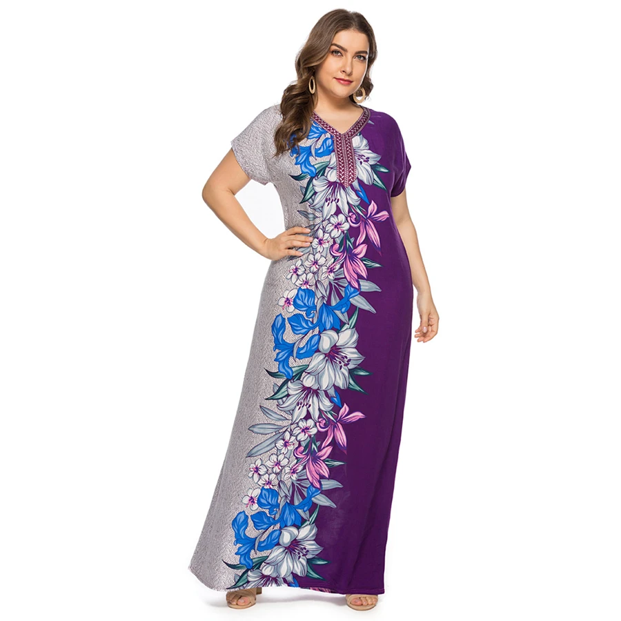 GuyuEra African Woman Dress Large Size Women's Fashion Embroidered Collar Side Positioning Print Contrast Color Dress