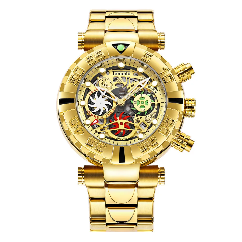 

TEMEITE brand men wristwatch quartz stainless steel waterproof man watches Multifunction mens watches luxury gold watch