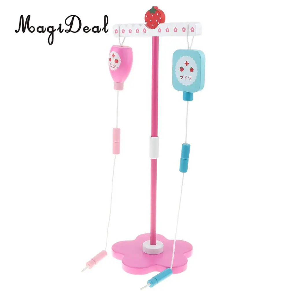 Wooden Strawberry Hospital Drip Stand Medical Kits Kids Pretend Role Play Activity Toy Educational