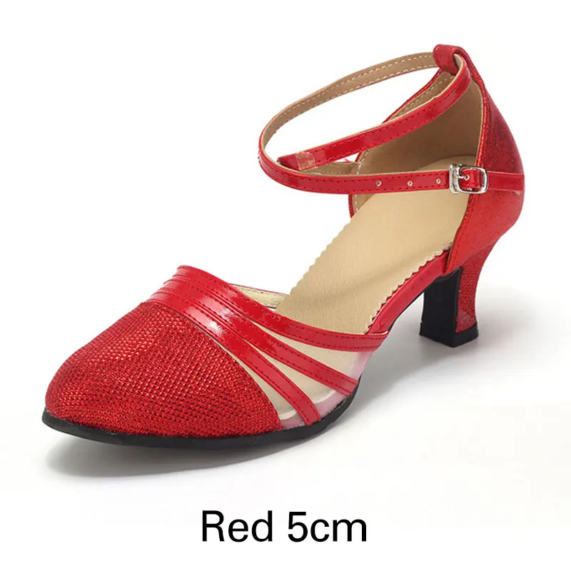 Обувь для латинских танцев для женщин/девушек/Сальса с закрытым носком, бальные туфли, танцевальная обувь на каблуке 3/5 см, женская обувь для танго, мягкая резиновая подошва - Цвет: Red 5cm
