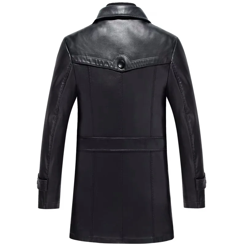 Free shiping new black sheepskin soft matte men smart casual long style leather trench thick warm coat over coat on sale men leather jacket