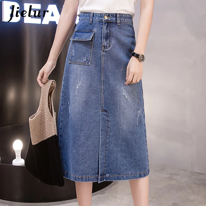 

Jielur Summer Denim Skirts Women Korean Plus Size Pocket Skirt Jeans Female 2019 Simple Loose Lady High Waist A line Jeans Saias