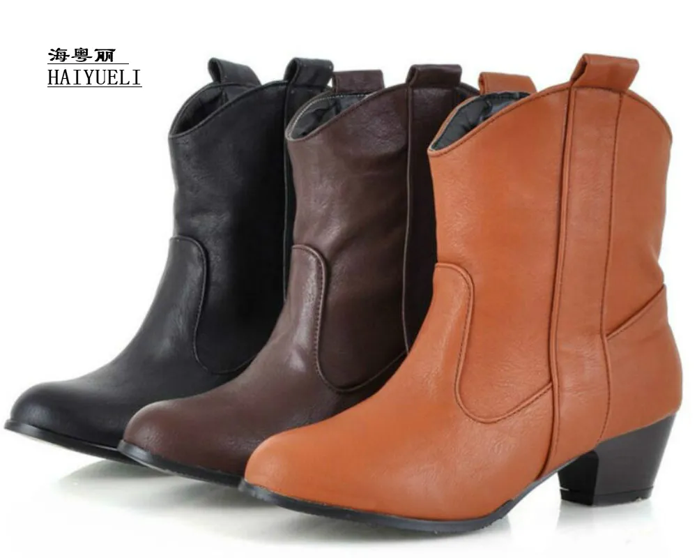 

New Fashion Winter Cowboy Style Women Retro Thick With PU Leather Ankle Boots
