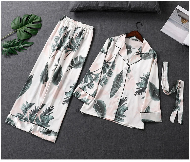 Queenral 2 PCS Silk Satin Women Pajama Set Sleepwear Long Sleeve Trousers Lingerie Homewear Pijamas For Woman Home Suit Printing9