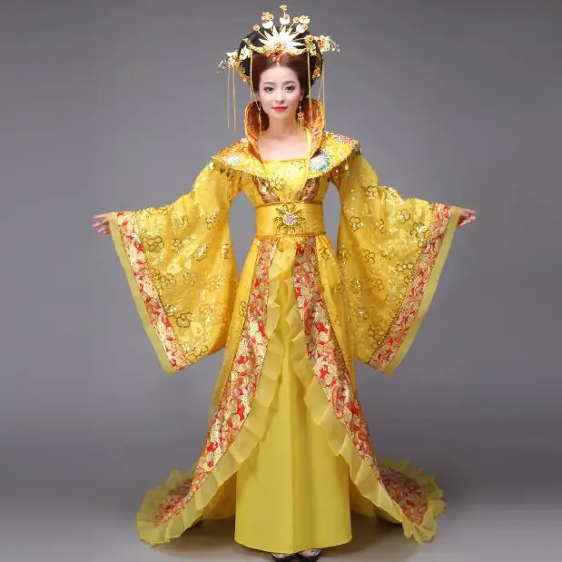 

Ancient Chinese Palace Oriental Queen Dress Hanfu Women Gold Tang Stage Include Headwear