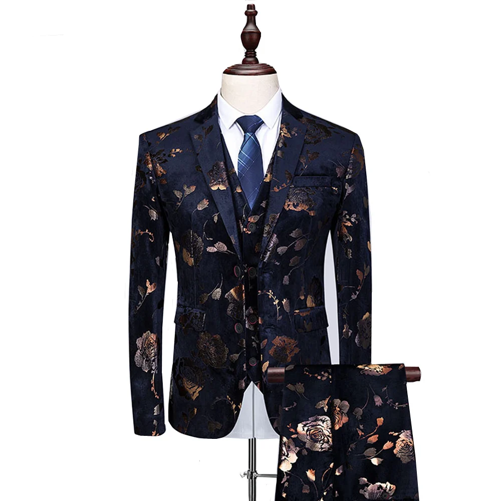 Men Suit 3 Piece Fashion Single Breasted Flower Printed Emcee Tuxedo ...