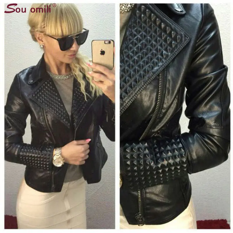 

Women Black Rivet Brand Faux Soft Leather Jackets Pu Black Blazer Zippers Coat Motorcycle Outerwear