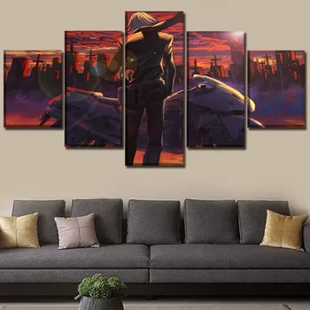 

5 Panels Canvas Printed Wall Art Home Decorative Cross And Landscape Sky Poster Anime Guy And Motorcycle Painting Artwork