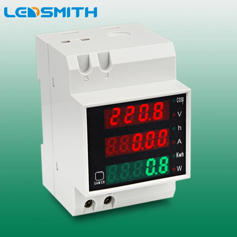 Светодиодный SMITH AC 80-300 В 0-100A цифровой измеритель тока, активного коэффициента мощности, счетчик энергии на din-рейку, светодиодный мультиметр, амперметр, вольтметр