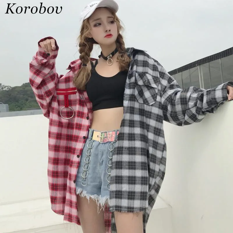 

2019 Plaid Patchwork Vintage Mujer Blouse Loose Casual Turn-down collar Shirts New Fashion Summer Korean Blusas 75488