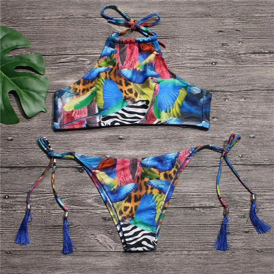 

NIDALEE 2018 Print Halter Bikini Set Bowknot Summer Bathing Low Waist Sexy Swimming Suit Padded Wire Free Bandage Biquini