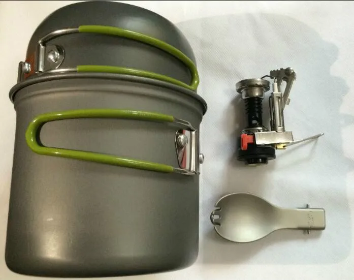 

Outdoor Camping Hiking Cooking Set pot pan with 3000w stove and Fold spoon