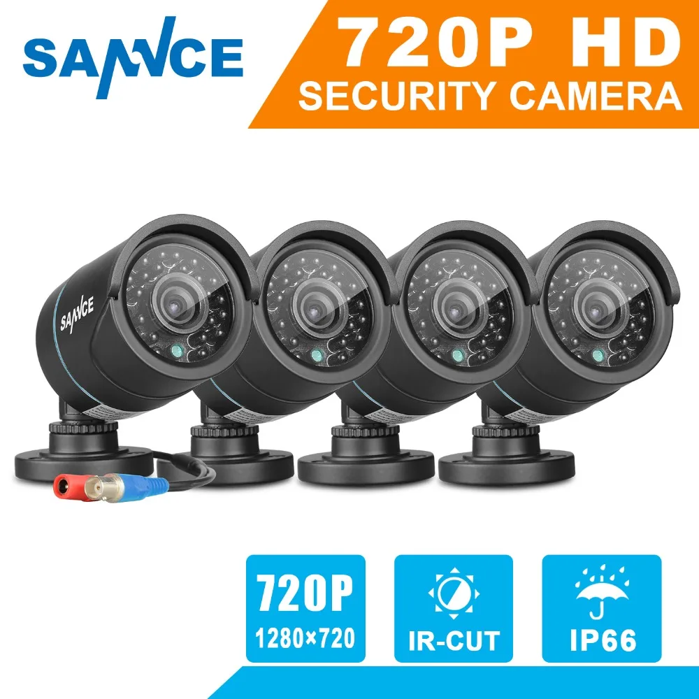 SANNCE 4PCS AHD 720P 1MP CCTV Camera system 1200TVL Security cameras IR indoor outdoor IP66 Surveillance kit with BNC Cables