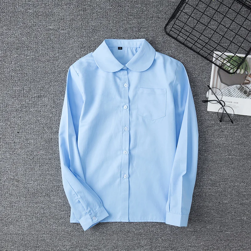 

New Korean Cute Japanese School Jk Uniform Shirt Girls Long/short Sleeve Sky Blue Blouse Academy Round Collor Shirts Tops 5XL