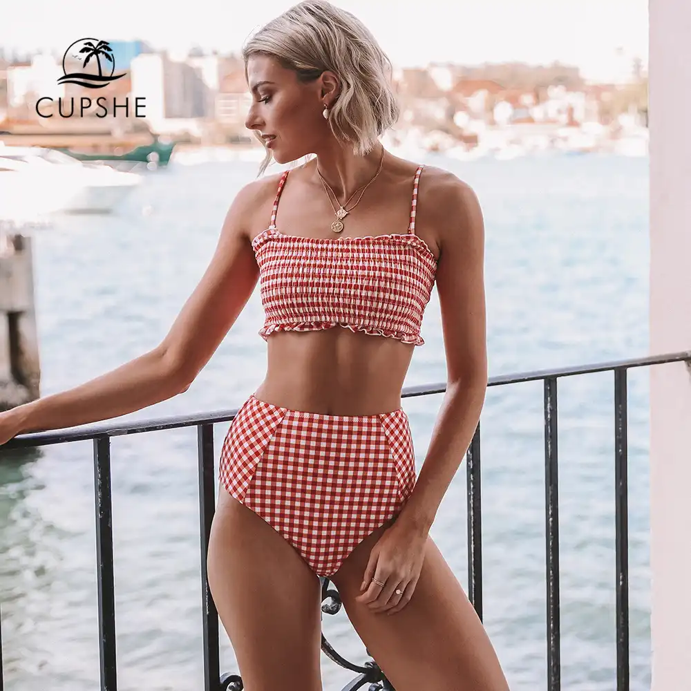red and white checkered bikini