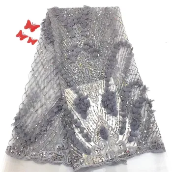

luxurious and noble 2019 Gray Latest European style with sequins and 3D decals tulle lace fabric.worthy of possession ff5-7