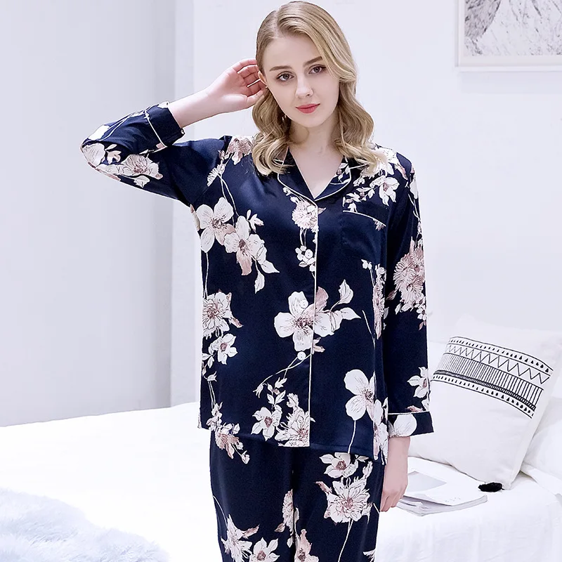 Пижама для влюбленных с цветочным принтом, пижамный комплект размера плюс M-3XL, женская и мужская пижама с длинным рукавом, шелковистая атласная пижама для пар