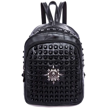 Rivets Backpack women Genuine Leather sheepskin Punk Style skull Rivet Backpacks Black bagpack travel school girls backpacks popular rock style natural sheepskin women backpack fashion rivets women s travel bags casual patchwork genuine leather bag