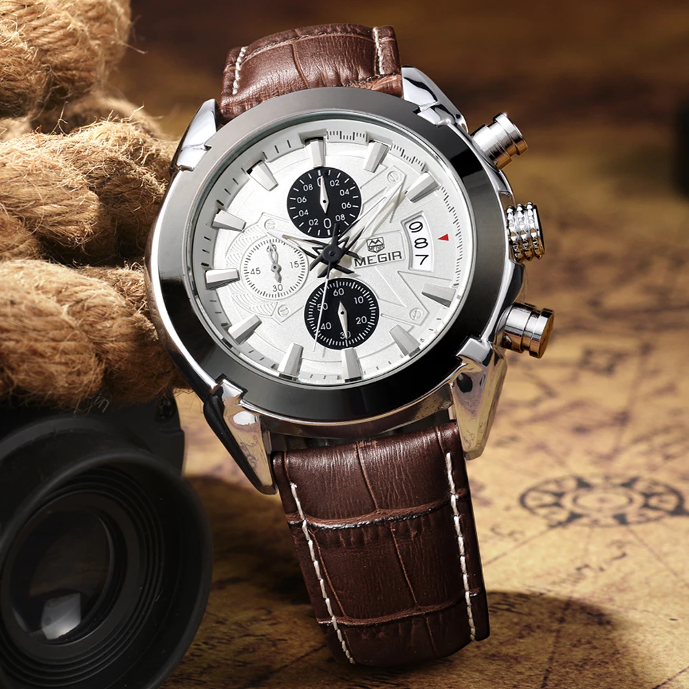 Часы Megir мужские наручные кварцевые с хронографом кожаным ремешком 2020|clock brand|clock