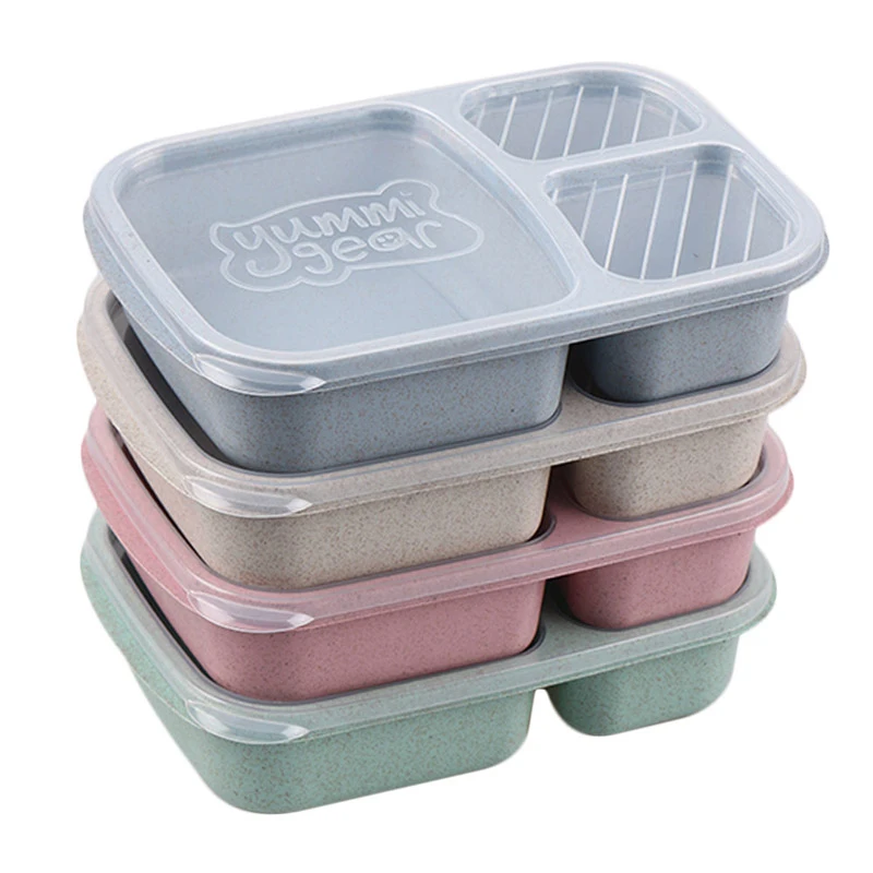 3 Compartment Plastic Bento Lunchbox Portable Kids School Lunch Boxes Wheat Straw Storage Food Containers for Picnic Dinnerware (14)