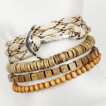 2016 New Trendy Vintage Rope Chain&Elastic Wood Chain Bracelets Sets with Anchor Pendant For Man, Fashion Jewelry