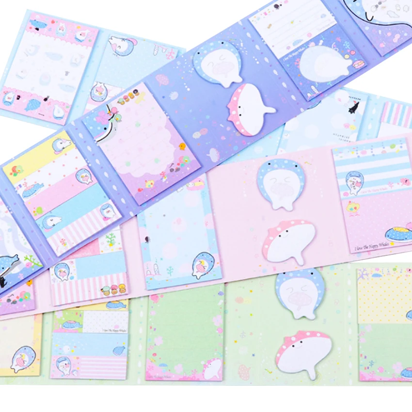 

12pcs/lot Cute Cartoon Whales Six Fold Sticky Note Pad Kawaii Bookmark Reminder Label Stationery Wholesale