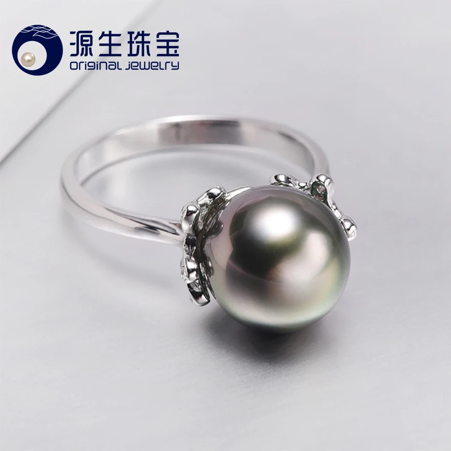 

[YS] 8-9mm Natural Black Tahitian Cultured Pearl Ring 925 Sterlng Silver Pearl Ring