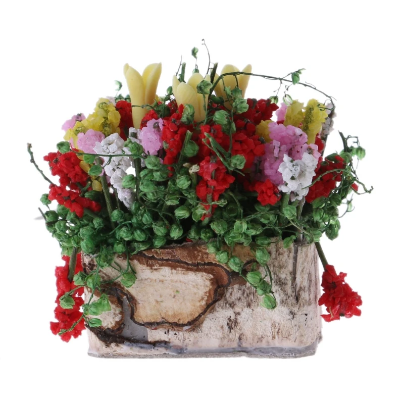 

New Miniature Doll Parts 1:12 Multicolor Flower Bush With Wood Pot Dollhouse