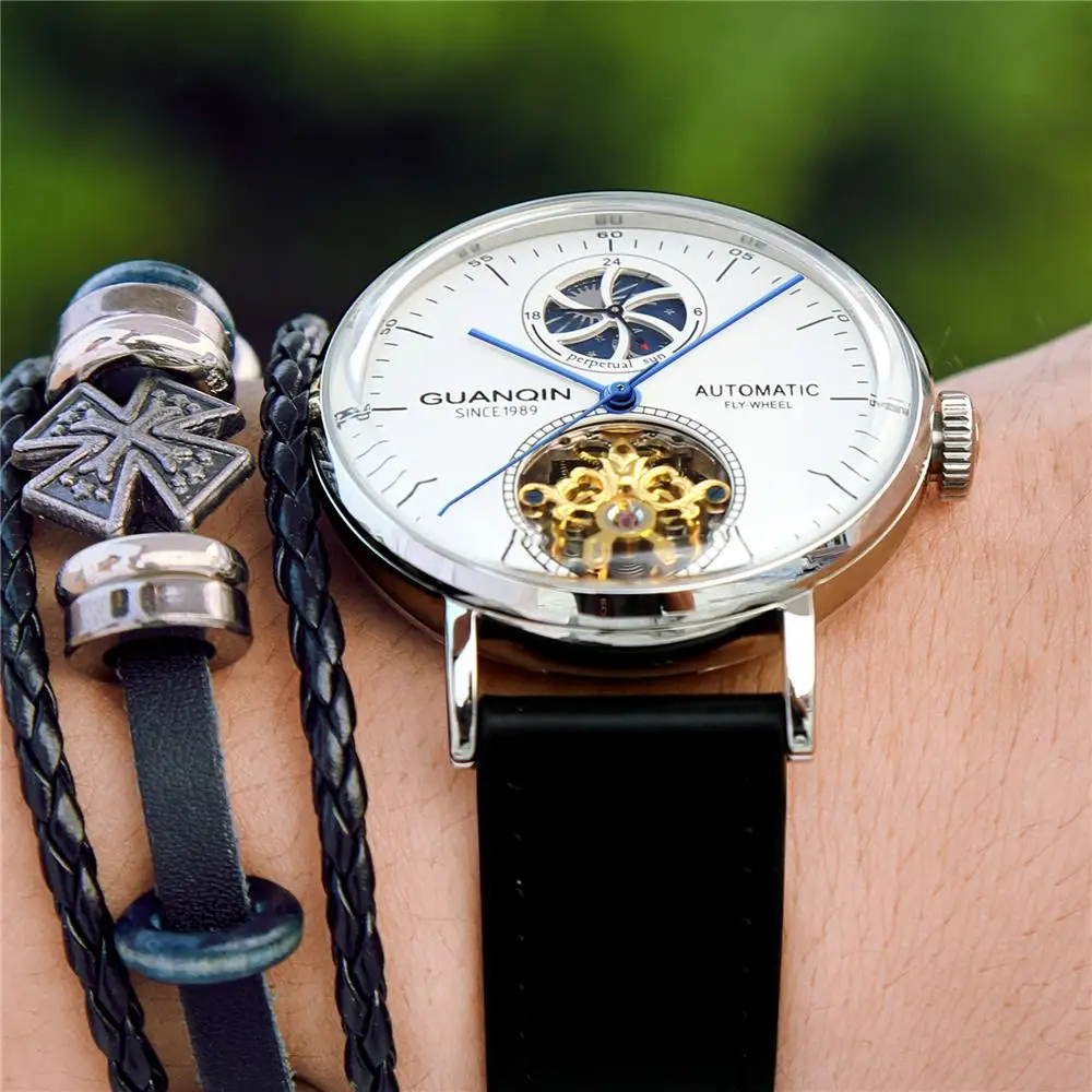 Мужские механические Автоматические часы GUANQIN Tourbillon роскошные брендовые