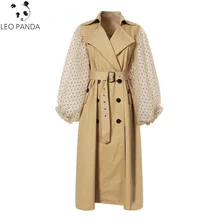 Весна осень лоскутный узор в горошек точечный фонарь рукав Тренч Женский Высокая талия на шнуровке Женская ветровка модные пальто