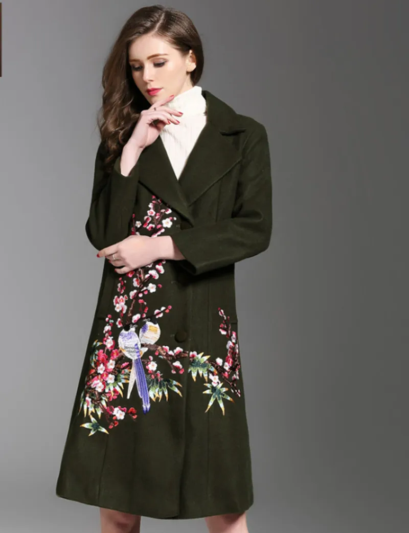 New Flower Printed Trench Coat for Women Plum blossom Jacquard Floral Thick Wool Overcoat Plus Size Long Embroidered Outerwear Coats